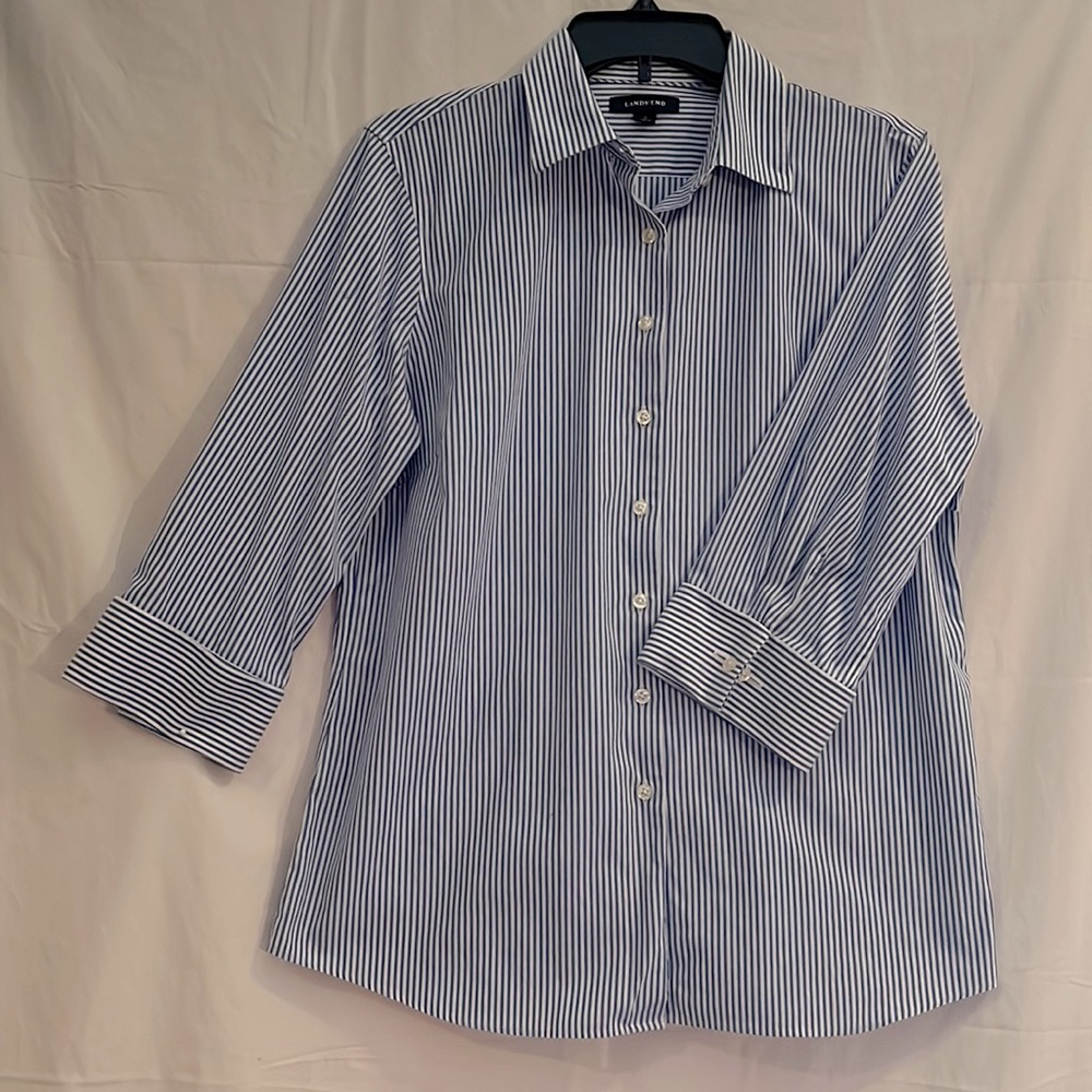 Lands End blue & white pin stripe blouse, 3/4 sleeve, button cuffs,  size 12